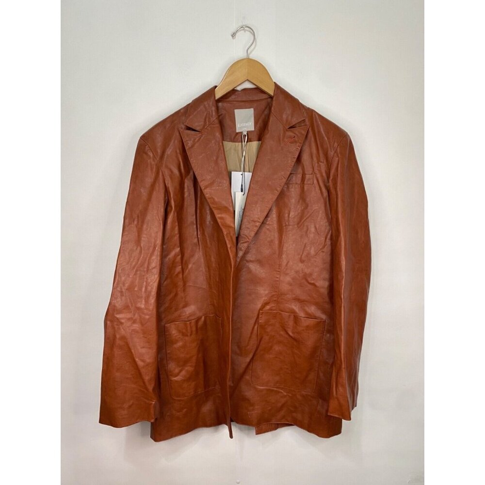 Genuine People Lucency Size Large Brown Faux Leather Open Front Blazer Jacket